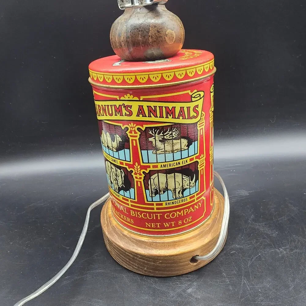 Barnum & Bailey Circus Lamp Animal Cracker Tin Jar Vintage WORKS